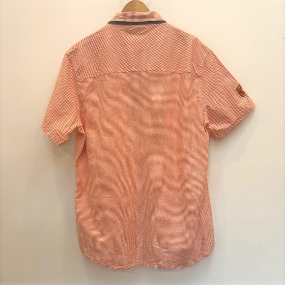 Akoo Plaid Button Up Short Sleeve Shirt Embroidered Patches Orange White XL - Picture 3 of 13